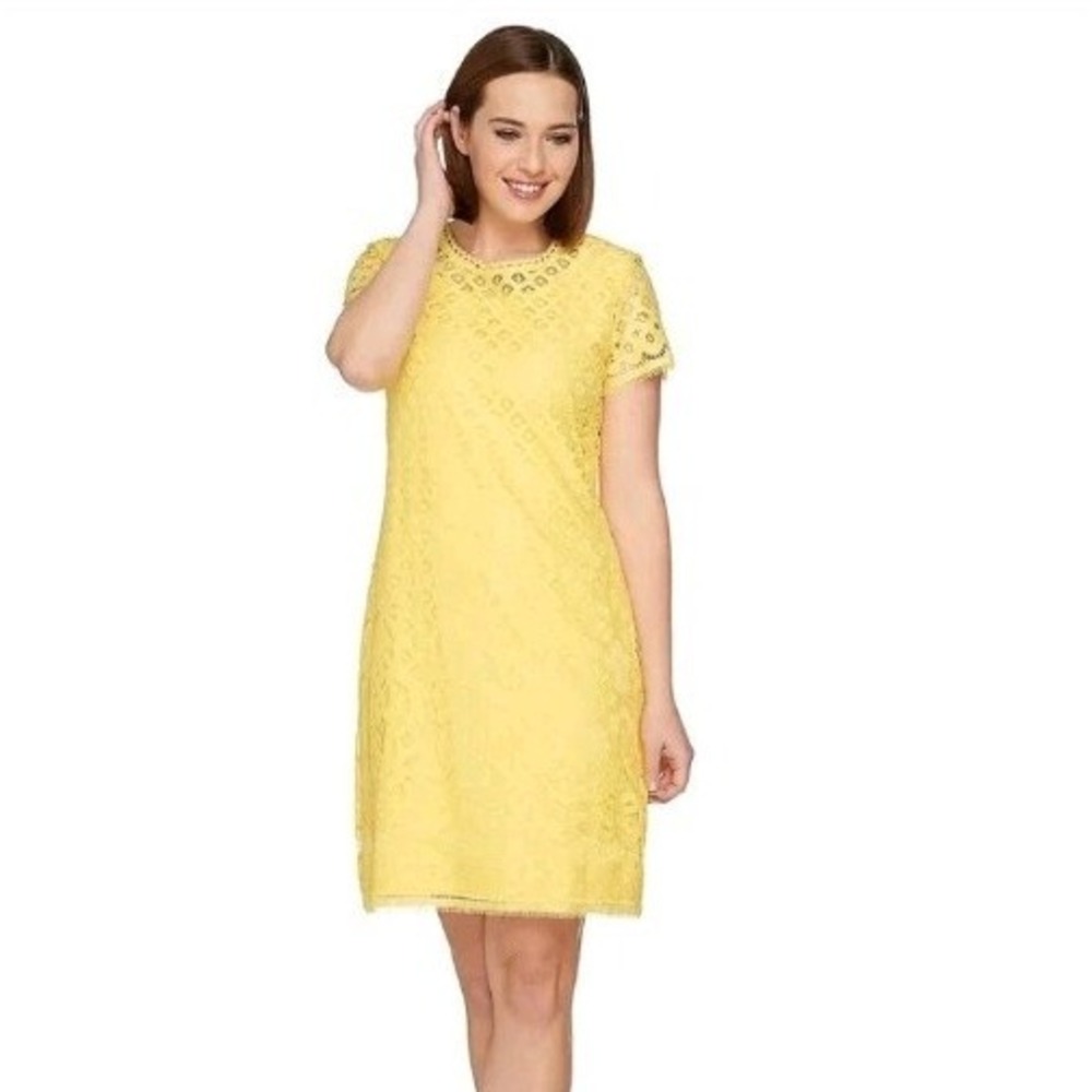 Isaac Mizrahi Live! Shift Dress Womens‎ Medium Yellow Stretch Lace Easter Outfit